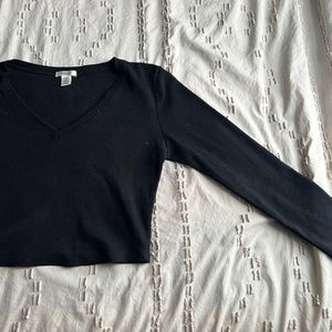 Waffle Fabric Black Long-sleeve Cropped V-neck Shirt